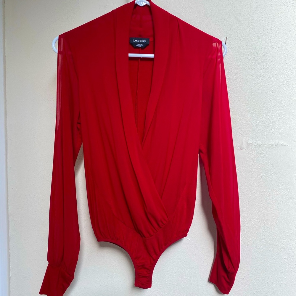 Bebe plunge-front red drape-sleeve leotard